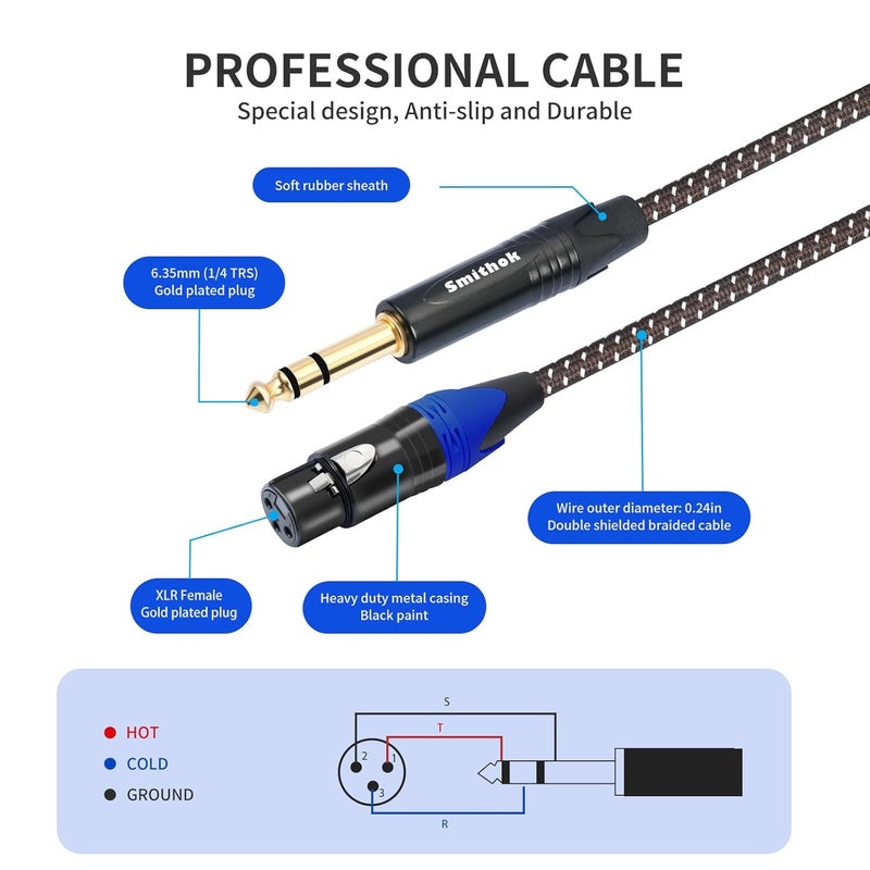 Smithok 1/4 to XLR Cable,Heavy Duty Nylon Braided,Gold Plated Plug,Balanced 1/4" TRS (Quarter Inch 6.35mm) to 3pin XLR Female Patch Cable, Microphone Cable, for Speaker,Mixer-10ft(3M) - Image 5